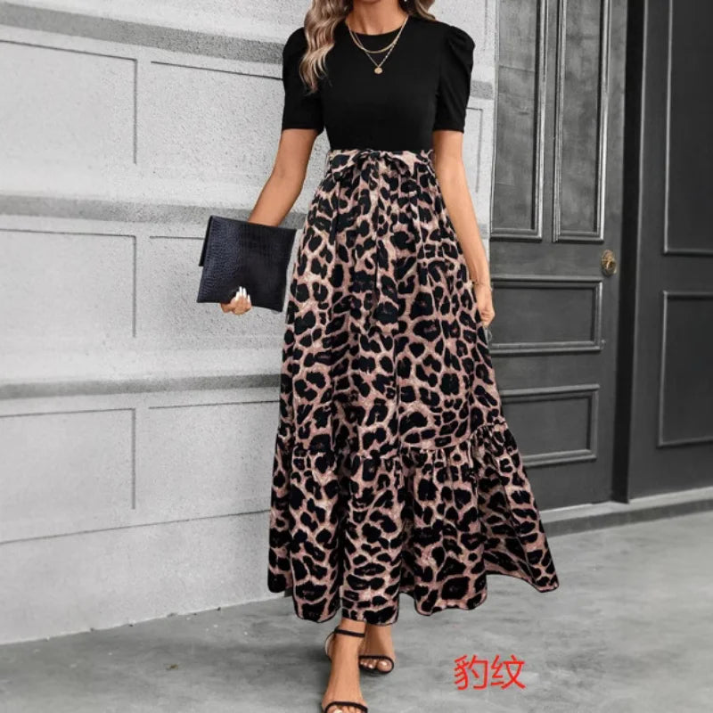 Women Elegant Floral Print Long Dress Round Neck Short Sleeve High Waist Lace-up Office Lady Holiday Party Dress