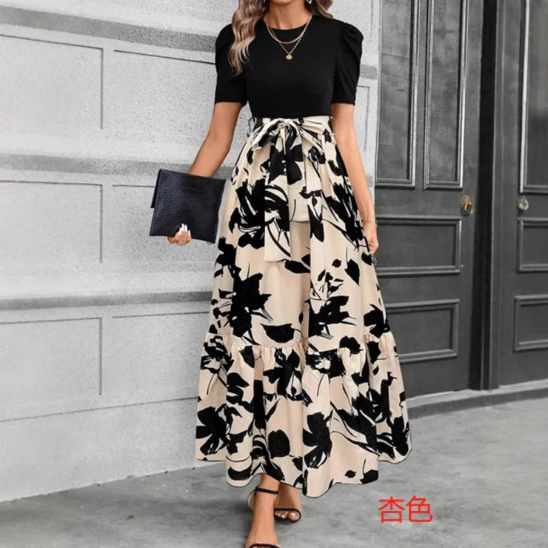 Women Elegant Floral Print Long Dress Round Neck Short Sleeve High Waist Lace-up Office Lady Holiday Party Dress